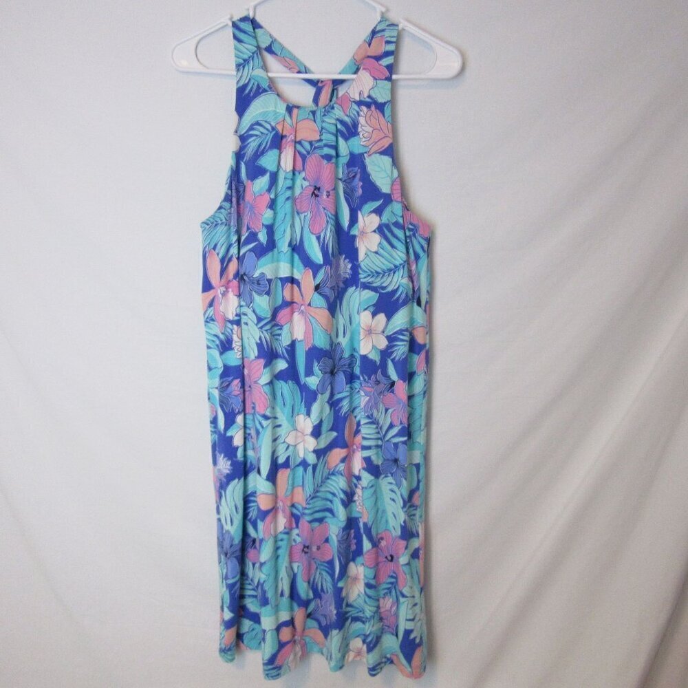 Tori Richard Racerback T-Shirt Dress Blue Pink Knee Length Tropical Floral Large